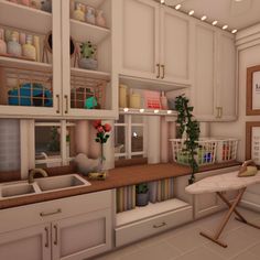 Preppy House Layout Bloxburg, Cute Bloxburg Laundry Room, Bloxburg Home Office, Bloxburg Laundry Room Ideas, Cottage Core Bloxburg House, Bloxburg Interior, House Plans With Pictures