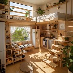 there is a loft bed in the middle of this living room with stairs leading up to it