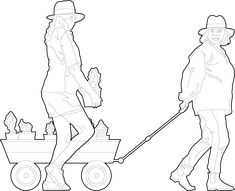 a drawing of two people pulling a wagon