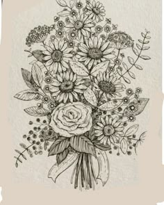 a bouquet of flowers is drawn in black and white