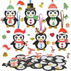 penguins with hats and scarfs are surrounded by christmas decorations, candy canes and snowflakes