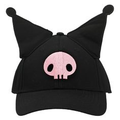 Celebrate your favorite characters with this Kuromi Inspired Hat. The cap comes in black and features embroidered front art of Kuromi's pink skull logo while a pair of 3D ears completes the character design. The hat is made with high-quality cotton materials and comes with a wide brim to give your face protection from the sun. The hat measures 58 cm and will fit most sizes. Fans of the Kuromi character will love this comfy cap. Black Harajuku Style Halloween Costume Hats, Harajuku Style Black Costume Hat For Halloween, Black Harajuku Style Costume Hat For Halloween, Harajuku Hats For Halloween Cosplay, Harajuku Style Hat For Halloween Cosplay, Black Cat Ears Costume Hat For Cosplay, Harajuku Style Halloween Cosplay Hat, Black Cosplay Hat, One Size Fits Most, Black Cosplay Hat One Size Fits Most