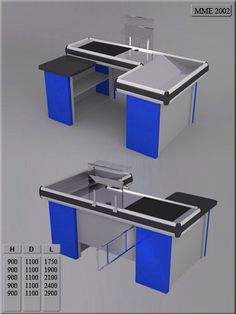 two computer desks with blue and silver accents are shown in three different positions, one on each side