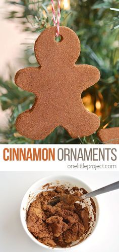 cinnamon ornament in a white bowl next to a christmas tree with the words cinnamon ornaments