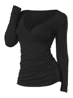 Zingj Women Black Ruched Plunging Long Sleeve T Shirt Autumn Spring V Neck Casual Solid Female Tops Tees 3XL Tops For Women Casual, Female Tops, Management Strategies, Women's Casual Style, Style Outfits, Dream Clothes, Cute Casual Outfits, Gotham