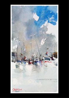 watercolor painting of boats in the harbor