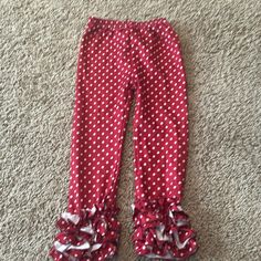 Dark Red With White Dots Ruffle Pants. Soft Butter Fabric Cute Red Ruffled Bottoms, Playful Red Bottoms For Spring, Playful Stretch Ruffle Bottoms, Playful Stretch Bottoms With Ruffles, Cute Fitted Red Bottoms, Cute Red Stretch Bottoms, Cute Stretch Red Bottoms, Ruffle Pants, Size 4t