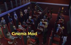 an animated movie theater with many people sitting in the seats and one person standing up