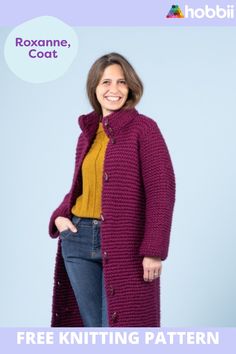 a woman wearing a purple knitted coat with the text free knitting pattern on it