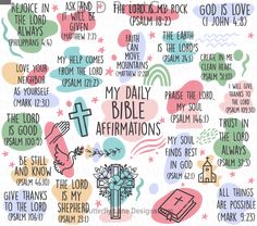 the daily bible affirmitions with handwritten words and symbols on it, including jesus