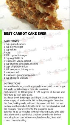 the recipe for carrot cake is shown in green and white text, with instructions to make it