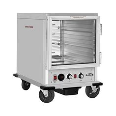 an electric oven on wheels with the door open