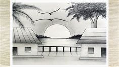 a black and white drawing of a bird flying over the ocean with houses in the foreground