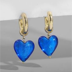 Brand New Pet Free Smoke Free Blue Glass Heart Earrings With Gold Plated Stainless Steel Hoops Bundle & Save Reasonable Offers Accepted Happy Shopping Peace Earrings, Vintage Statement Earrings, Ear Chain, Bronze Earrings, Handmade Heart, Onyx Earrings, Hanging Earrings, Sapphire Earrings, Glass Heart