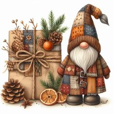 a christmas card with an image of a gnome next to a gift box and pine cones