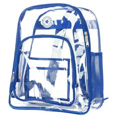 Super heavy duty See-Through Transparent Backpack. Material: Clear PVC, Dimension: 17" x13.5" x7" Clear organizer in front pocket. Side mesh pockets. Heavy Duty Zipper and Dual zipper on both main compartment, front pocket, Padded and adjustable shoulder straps. Size: Dimension: 17inchx13.5inchx7".  Color: Blue.  Gender: unisex.  Age Group: adult. Back To School Travel Backpack With Clear Strap, Clear Backpack For Daily Use And Back To School, School Backpack With Clear Strap In Nylon, Clear Backpack For Back To School, Clear Travel Bag For Back To School, Back To School Clear Backpack, Student Back To School Bag With Transparent Straps, Back To School Clear Backpack For School, School Backpack With Transparent Straps And Rectangular Shape