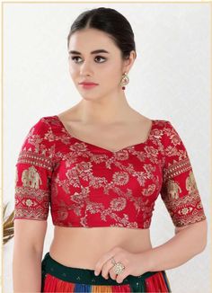 Comes in various sizes Festive Red Blouse With Printed Motifs, Fitted Red Blouse With Motifs, Red Blouse With Motifs, Semi-stitched Red Blouse Piece With Floral Embroidery, Red Semi-stitched Raw Silk Blouse, Indian Sari Dress, Sari Dress, Indian Sari, Blouse Designs