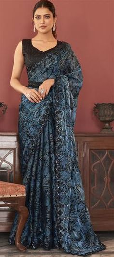 Blue color Saree in Organza Silk fabric with Digital Print, Sequence work Blue Saree With Motifs For Reception, Party Wear Sarees, Silk Fabric, Party Wear, Blue Color, Saree, Silk, Digital Prints, Blue