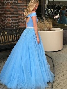 Key Features:  SKU: PO16033PO1819 Season: Spring,Summer,Fall,Winter Fabric: Tulle Neckline: Off-the-Shoulder Silhouette: A-Line/Princess Sleeve: Sleeveless Embellishment: Beading Waist: Natural Back Style: Zipper Hemline/Train: Sweep/Brush Train Shown Color: Light Sky Blue Package Weight: 1500.0000   Any questions about the item, feel free to Contact Us Aline Wedding Dresses, Blue Tulle Prom Dress, Graduation Dresses Long, Two Piece Dresses, Chic Prom Dresses, Beading Embroidery, Princess Prom Dresses, Junior Prom Dresses, Gown Plus Size