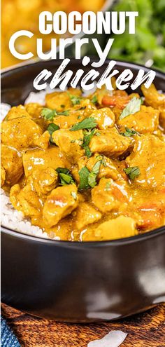 A close up view of a bowl of coconut curry chicken over rice. Curry Paste Chicken Recipes, Coconut Curry Chicken Marinade, Roasted Curry Chicken, Coconut Curried Chicken, Golden Coconut Curry, Coconut Rice Chicken Recipe, Curry Chicken Over Rice, Indonesian Chicken Curry, Dinner Recipes Curry