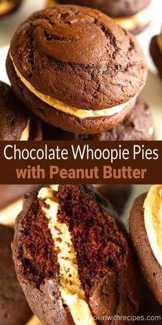 chocolate whoopie pies with peanut butter are stacked on top of each other