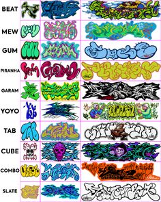 the different types of graffiti written in various colors and styles, all on one sheet