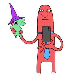 a cartoon character holding up a cell phone