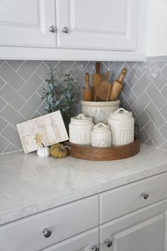 the kitchen counter is clean and ready to be used as a place setting for cooking