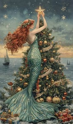 a painting of a mermaid holding a star next to a christmas tree in the ocean