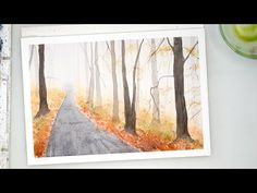 a watercolor painting of a road in the woods