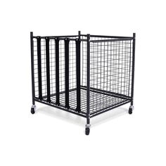 a black metal cage with wheels on white background