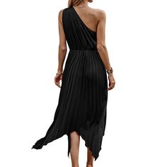 Black One Shoulder Irregular Pleat Casual Dress Black One-shoulder Maxi Dress For Summer, Pleated Asymmetrical Hem Dress For Night Out, Pleated Dress With Asymmetrical Hem For Night Out, Black One-shoulder Evening Dress For Spring, Black One-shoulder Mini Dress For Spring, Black Asymmetrical Midi Dress For Spring, Black One Shoulder Maxi Dress For Spring, Black High-low Hem Spring Dress, Black High-low Hem Dress For Spring