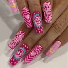 Removable Press On Nails With Glossy Colorful Barbie, Hearts And Floral Decals. #Nails #Nailart #Barbie #Hearts #Floral #Decals #Pressonnails #Diy Barbie Pink Nails, Press On Nails Long, Nails Yellow, Long Press On Nails, Red Valentine, Hot Pink Nails, Coffin Press On Nails, Flower Nail Designs, Nails For Women