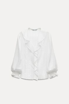 ROMANTIC RUFFLED BLOUSE ZW COLLECTION - Oyster-white | ZARA United States Trench Coat Dress, Ruffled Blouse, Zara Blouse, Fancy Blouses, Cardigan Sweater Dress, Cardigan Sweater Jacket, Leather Shirt, Pull Sweat, Tshirt Skirt