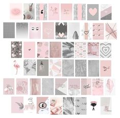 a collage of pink and grey wallpapers with hearts, arrows, flowers