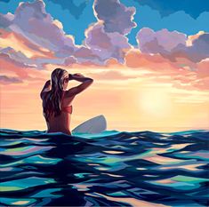 a painting of a woman sitting on a surfboard in the ocean with clouds above her