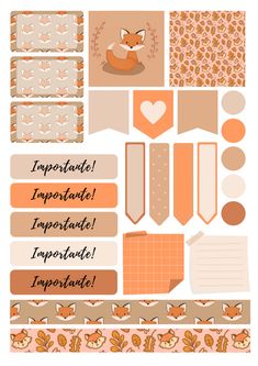 an assortment of paper and stickers that include foxes, leaves, hearts, and other things