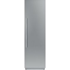 a tall stainless steel refrigerator freezer on a white background with the door ajar