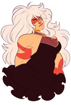 a drawing of a woman in a black dress with white hair and red eyes, sitting on