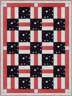 a red, white and blue quilt with stars on the border is shown in this image