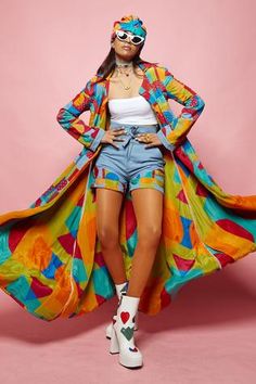 Shop for Eshaa Amiin Multi Color Crepe Geometric Pattern Jacket for Women Online at Aza Fashions Colorful Jacket, Pattern Jacket, Longline Jacket, Geometric Motifs, Denim Patches, Trendy Fall Outfits, Indian Fashion Designers, Jacket For Women, Pernia Pop Up Shop