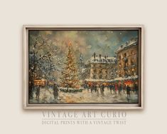 a painting of a christmas tree in the middle of a snowy street with people walking around it