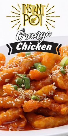 the instant pot orange chicken is served with sesame seeds and garnished with green onions