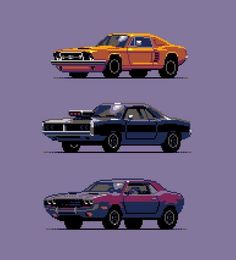 four different cars are shown in pixel style