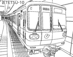 a black and white drawing of a subway train