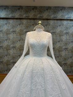 Elegant Long-Sleeve High Neck Beaded Ball Gown with Intricate Embellishments and Luxurious Train Elegant Ball Gowns, Ball Gown Skirt, High Neckline, Traditional Wedding, Ball Gowns, Bead Work, Wedding Gowns, Comfort Fit, Wedding Dresses