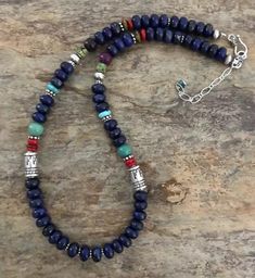 Sterling Silver Lapis Bead Necklace. 17 inch Beading Projects Necklaces, Omatikaya Avatar, Long Beaded Necklaces, Beaded Jewelry Necklaces, Lapis Necklace, Coral Bracelet, Turquoise Bead Necklaces, Handmade Beaded Necklaces, Stone Beaded Necklace