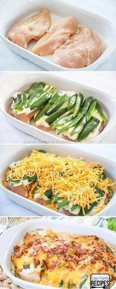 three different types of casserole dishes with chicken, green beans and cheese in them