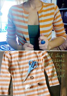 a woman wearing an orange and white striped shirt with scissors on it, next to a sewing machine