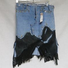 This Is A Very Unique One Of A Kind Redesigned Distressed Denim And Leather Skirt Embelished With Rhinestones. New With Tags Measurements. Waist:16" X Length: 20" Fitted Denim Rock Bottoms, Fitted Rock Style Denim Bottoms, Rock Style Fitted Denim Bottoms, Creative Chaos, Clothes Hacks, Distressed Skirt, Saved Pins, Style Clothes, Clothing Hacks